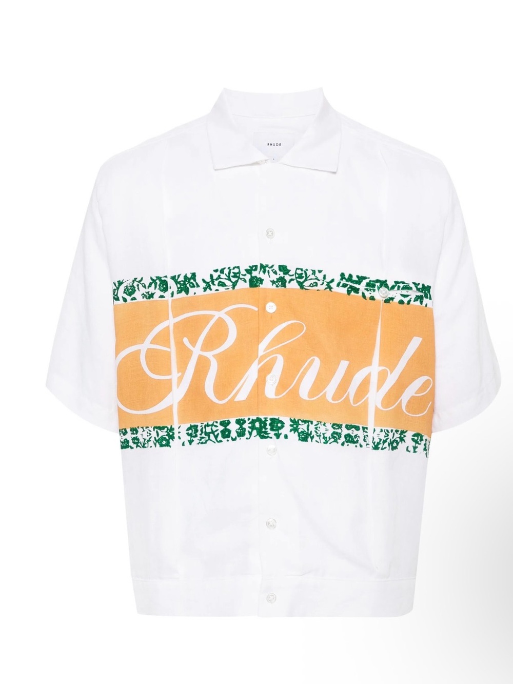 Rhude White Short-Sleeve Button-Up Shirt with Orange Panel and Green Trim